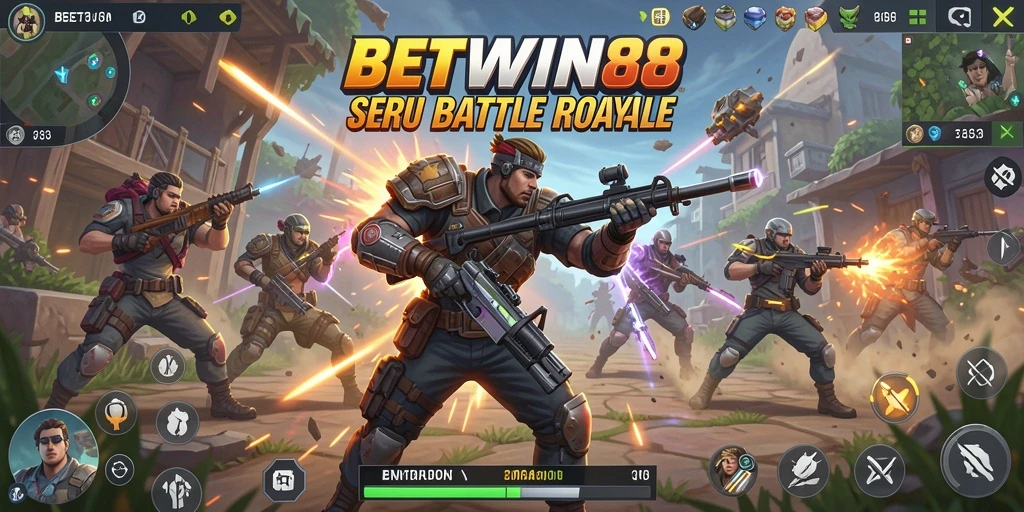 Tangkapan layar utama BETWIN88 menampilkan aksi pertarungan Battle Royale yang intens.