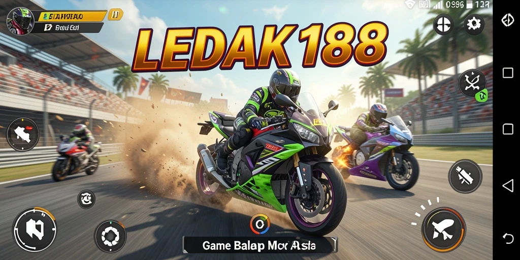 Tampilan gameplay seru dari LEDAK188 dengan aksi balapan motor yang mendebarkan.