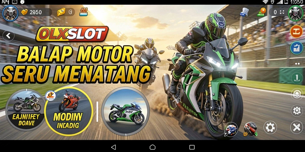 Tampilan gameplay OLXSLOT yang menegangkan di lintasan balap motor.